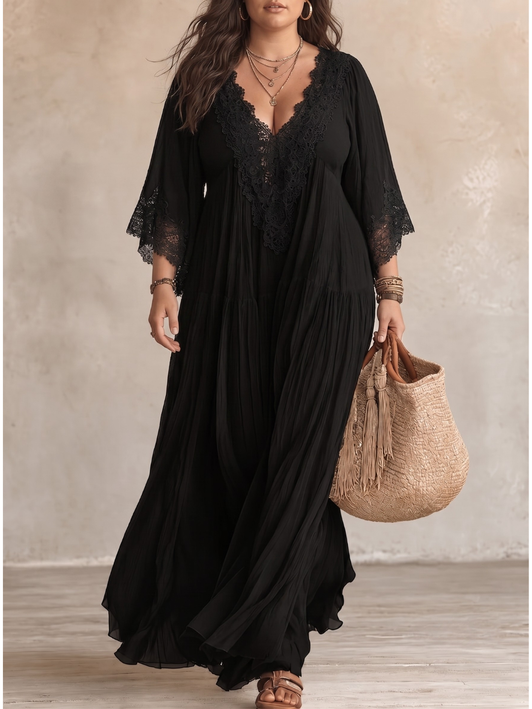 CELESTE | Flowing Maxi Dress with Lace V-Neck