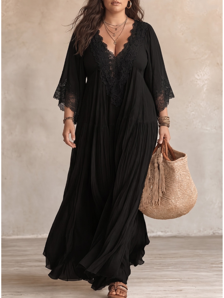 CELESTE | Flowing Maxi Dress with Lace V-Neck