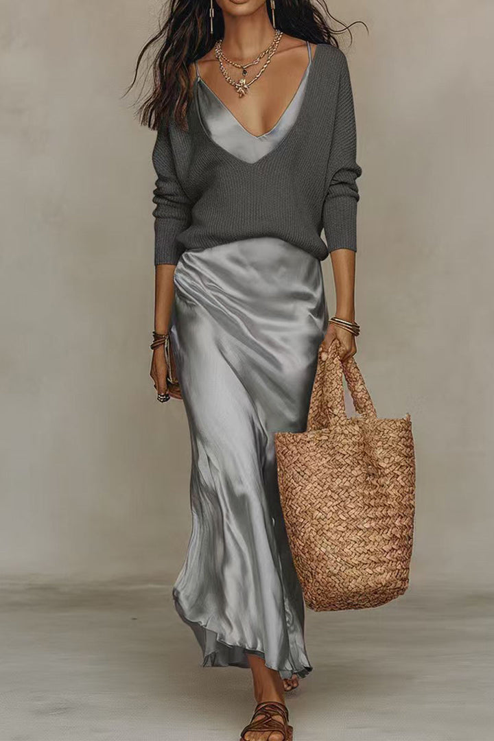 ROSALIE™ | V-NECK SWEATER &amp; SATIN MAXI DRESS SET