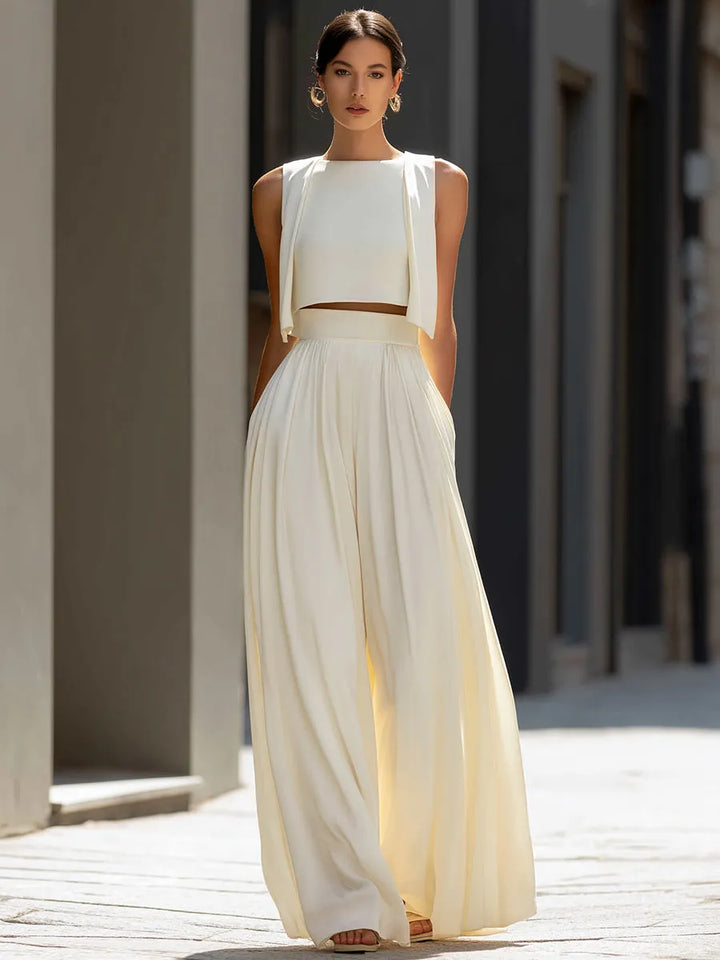 ELIANA | 2-Piece Cropped Overlay Top &amp; Wide-Leg Pants Set