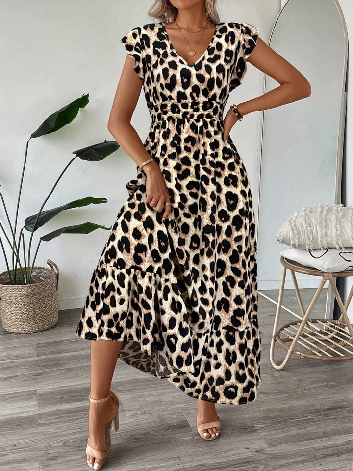 Celeste | Elegant Leopard Print Maxi Dress with V-Neck &amp; Smocked Waist