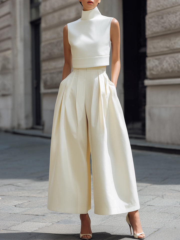 VIVIENNE | 2-Piece High-Neck Cropped Top &amp; Pleated Wide-Leg Pants Set