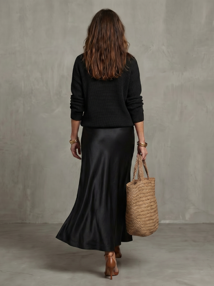 AVRIEL | Knit Top &amp; Satin Midi Skirt Set