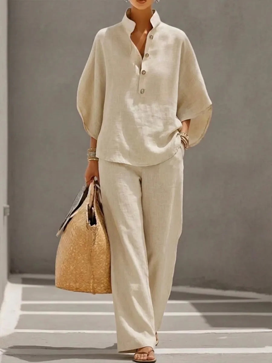 FREYA | 2-Piece Linen-Cotton Batwing Shirt &amp; Wide-Leg Set