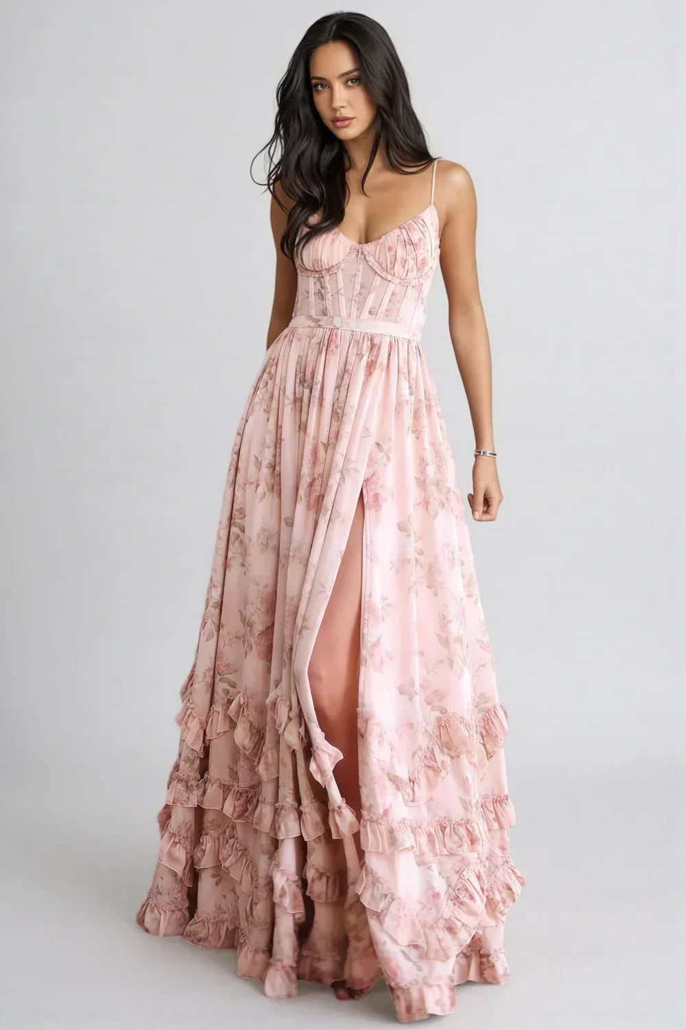 VIOLETTA | Romantic Boho Maxi Dress with Deep V-Neck, Ruffles &amp; High Slit