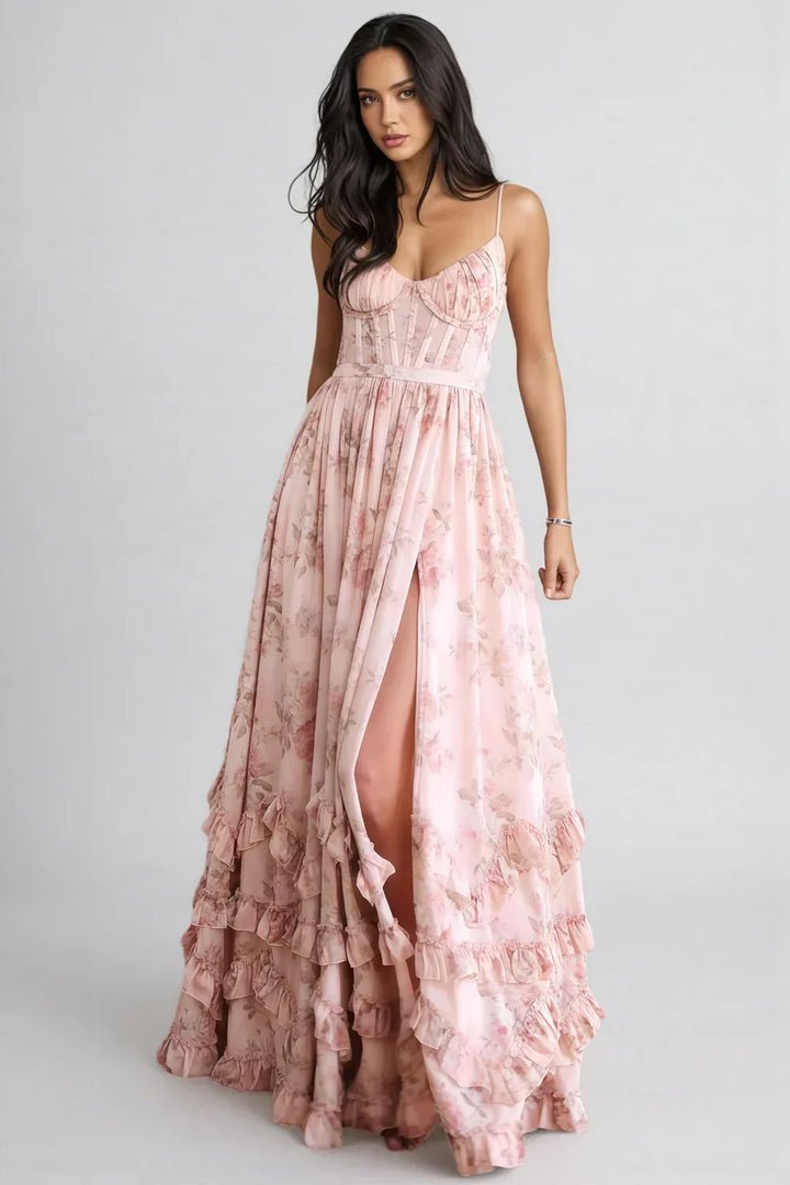 VIOLETTA | Romantic Boho Maxi Dress with Deep V-Neck, Ruffles &amp; High Slit