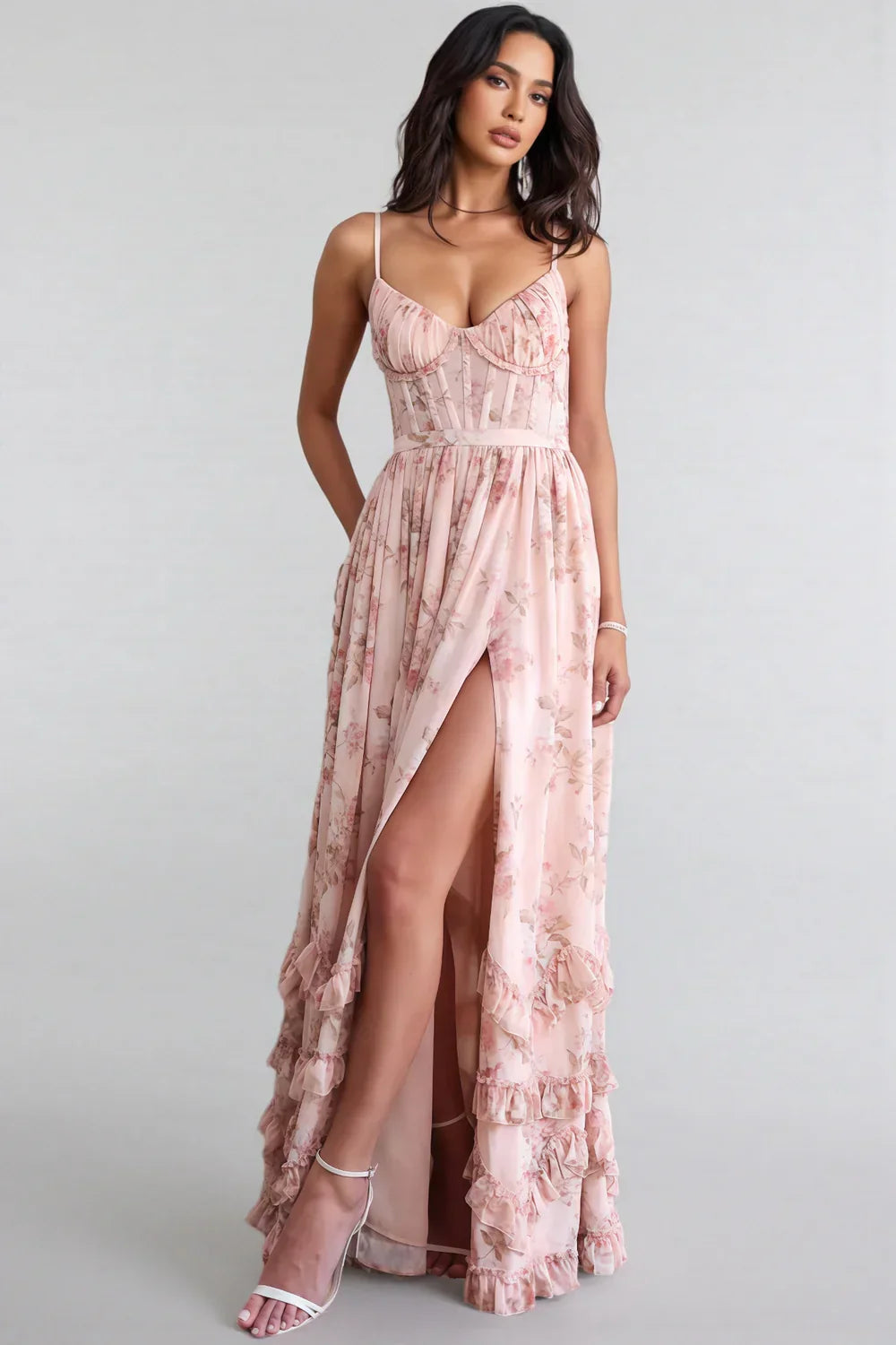 VIOLETTA | Romantic Boho Maxi Dress with Deep V-Neck, Ruffles &amp; High Slit
