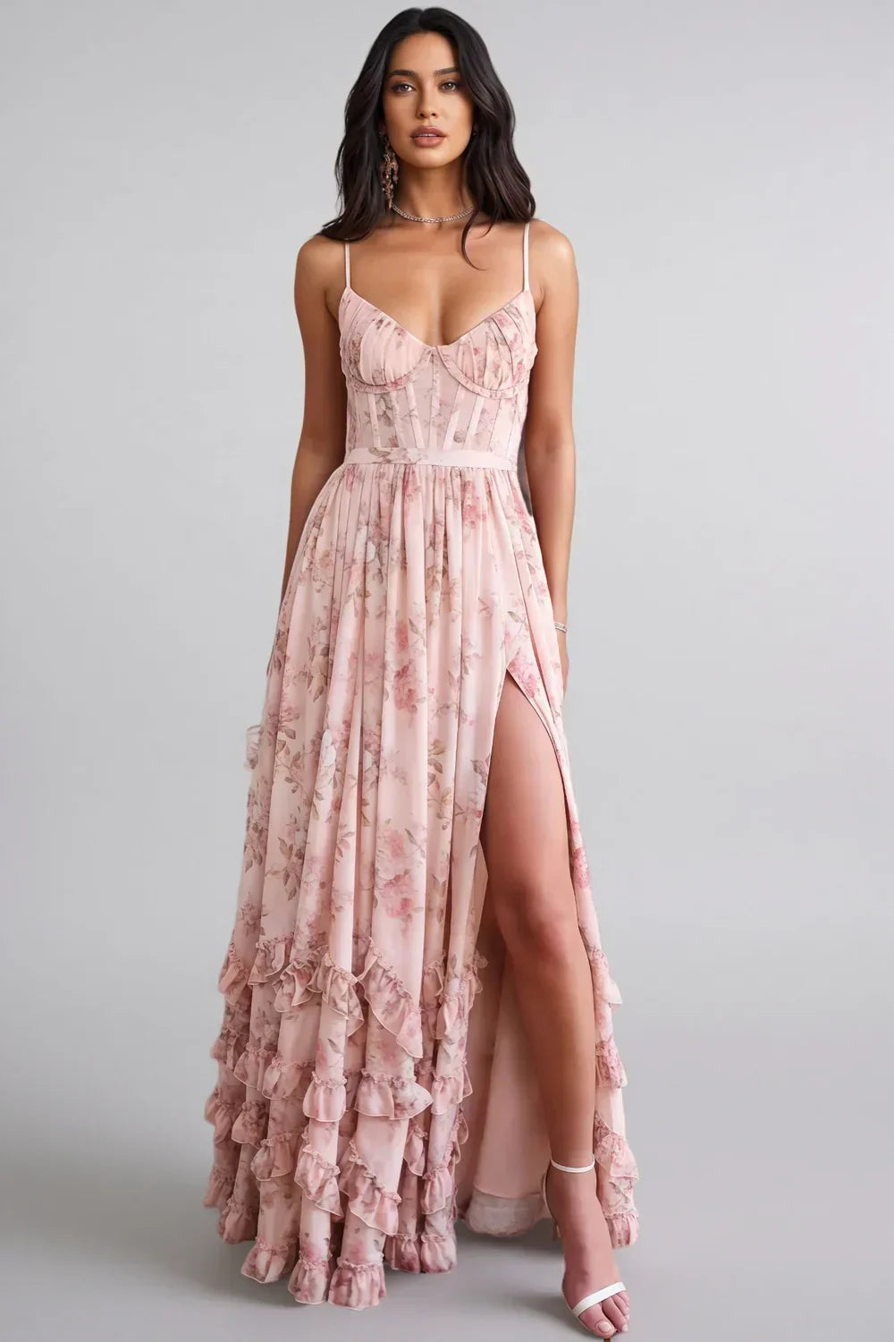 VIOLETTA | Romantic Boho Maxi Dress with Deep V-Neck, Ruffles &amp; High Slit