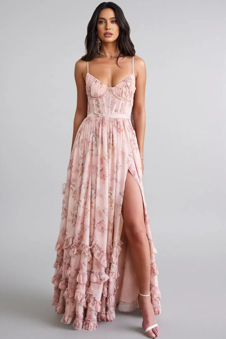 VIOLETTA | Romantic Boho Maxi Dress with Deep V-Neck, Ruffles &amp; High Slit