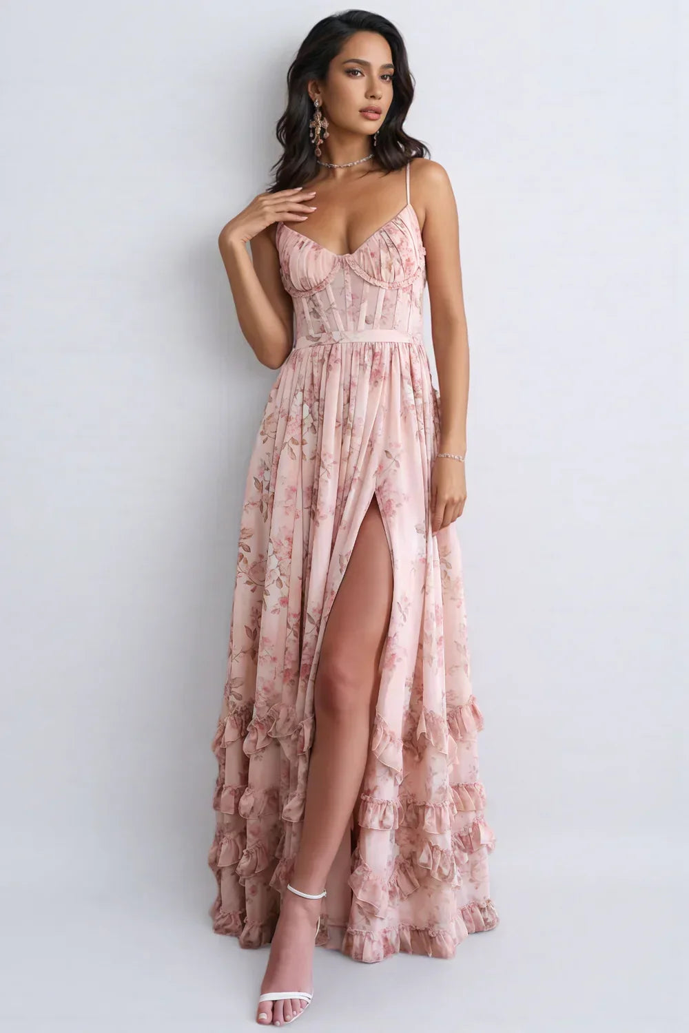 VIOLETTA | Romantic Boho Maxi Dress with Deep V-Neck, Ruffles &amp; High Slit