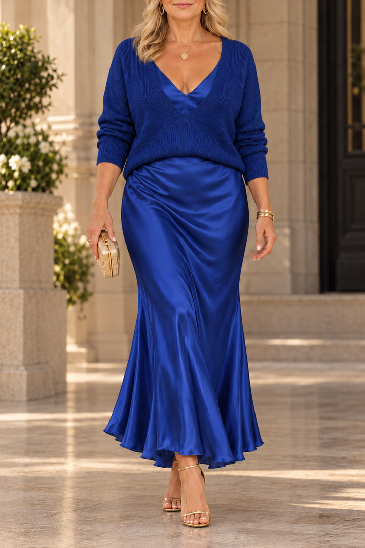 ROSALIE™ | V-NECK SWEATER &amp; SATIN MAXI DRESS SET