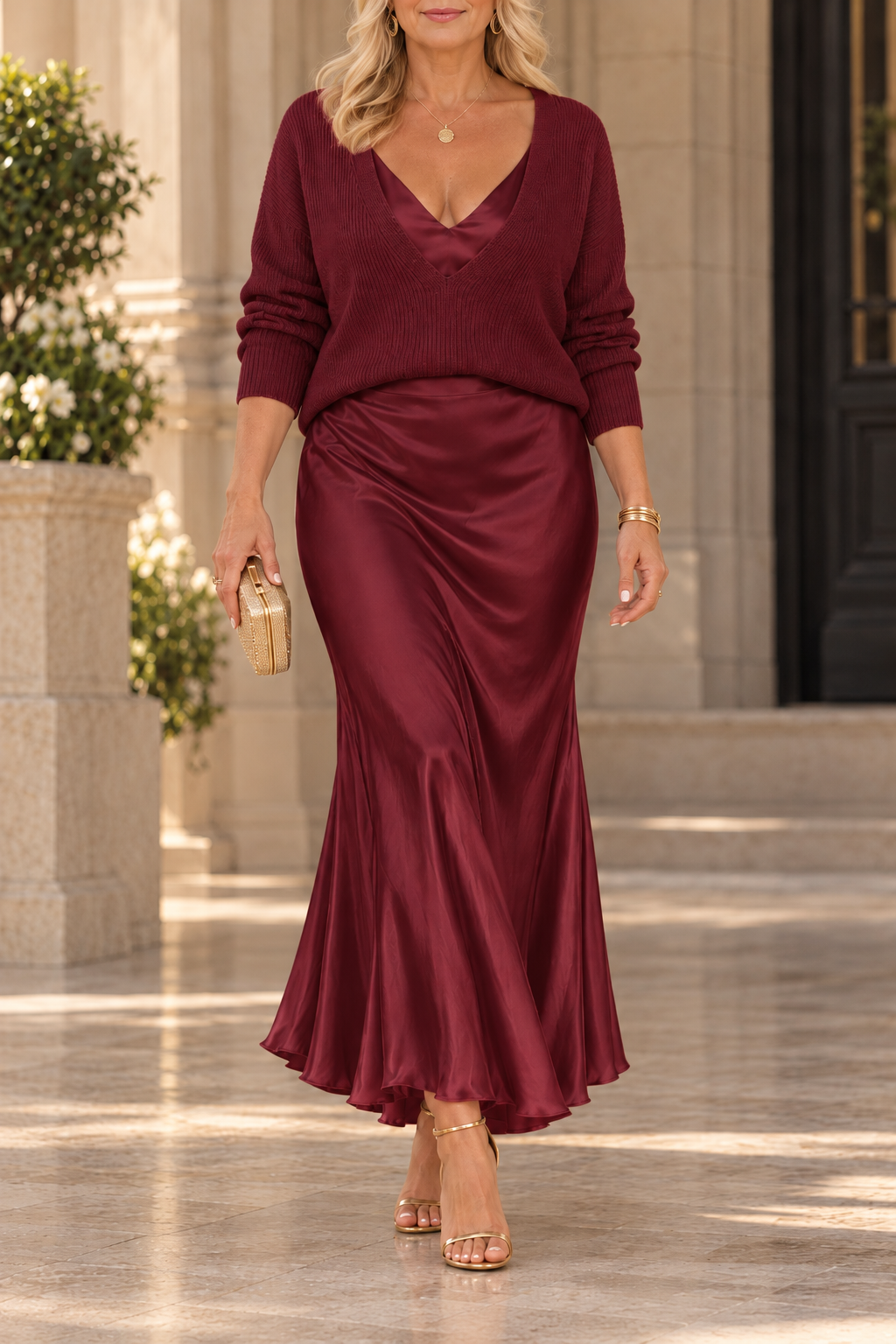 ROSALIE™ | V-NECK SWEATER &amp; SATIN MAXI DRESS SET