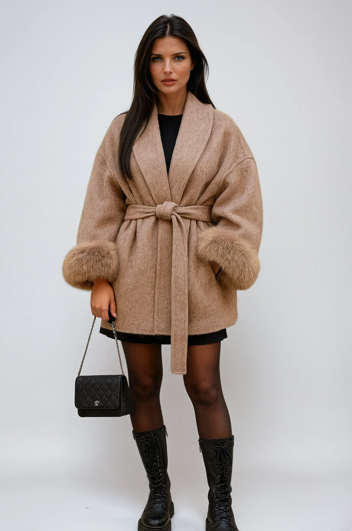 LUXURY FAUX FUR COAT WITH WAIST BELT