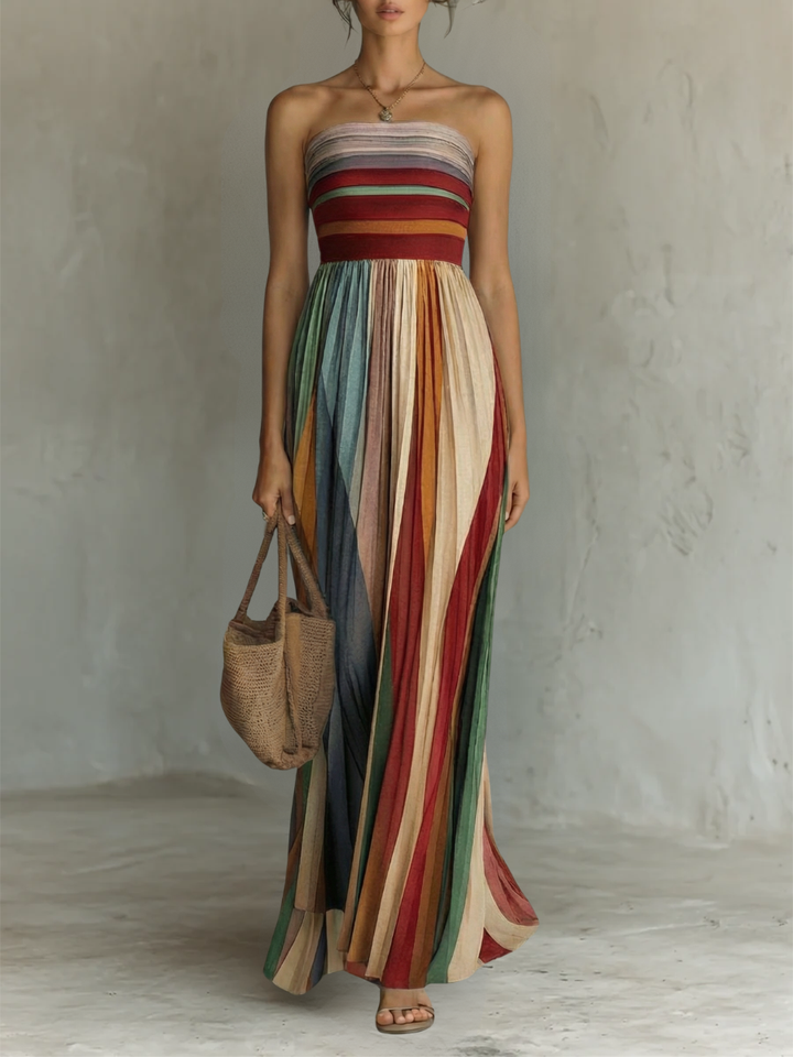NILIANZA | Colorful Strapless Maxi Dress with Defined Waist