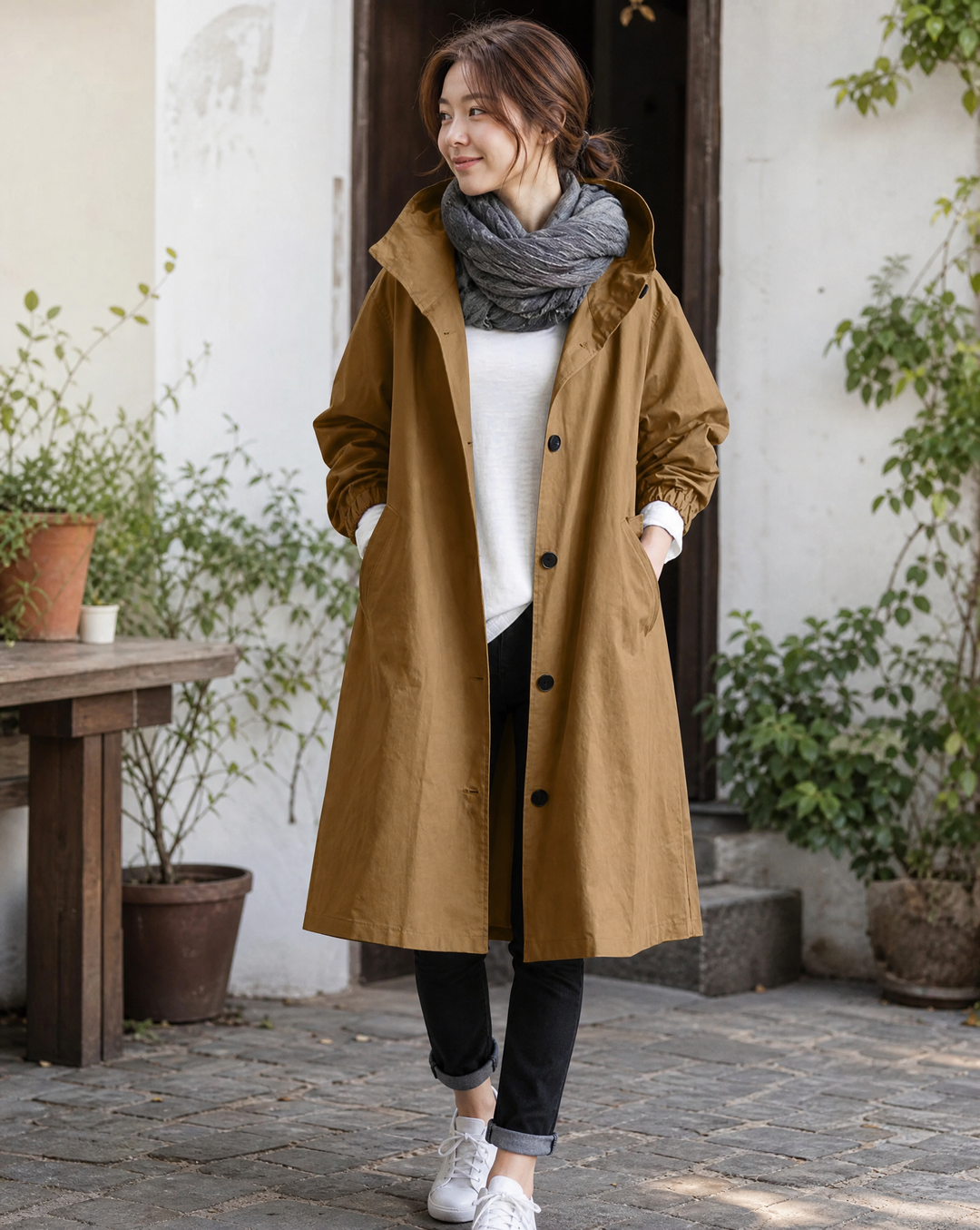 LONG HOODED LIGHTWEIGHT TRENCH COAT