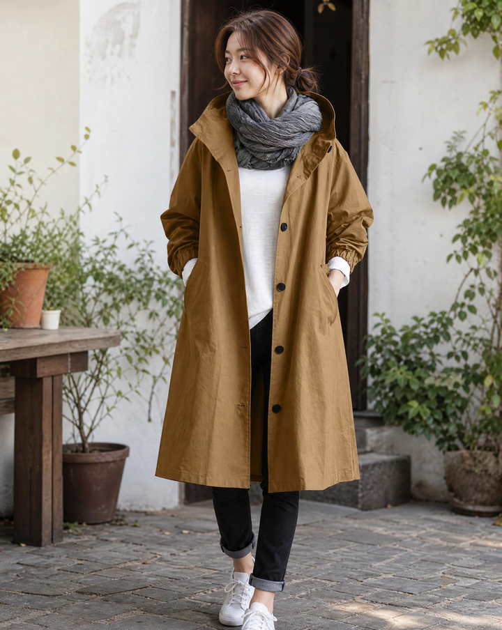 LONG HOODED LIGHTWEIGHT TRENCH COAT