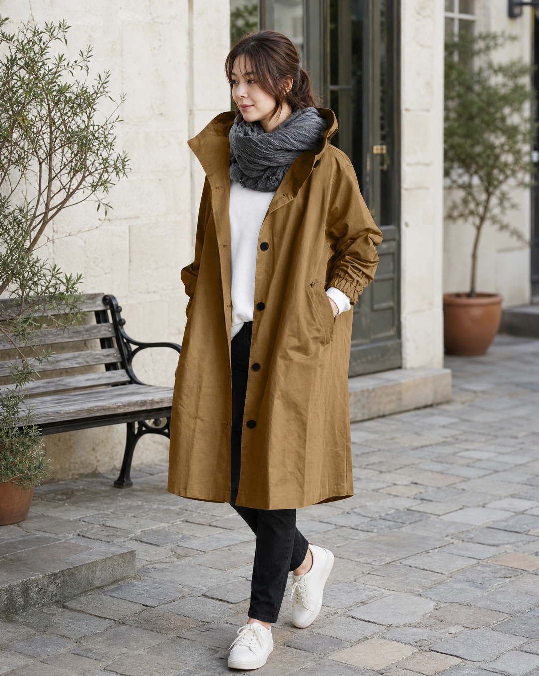 LONG HOODED LIGHTWEIGHT TRENCH COAT