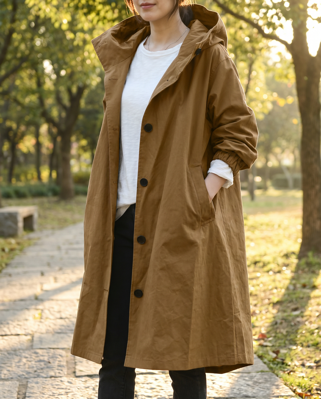 LONG HOODED LIGHTWEIGHT TRENCH COAT