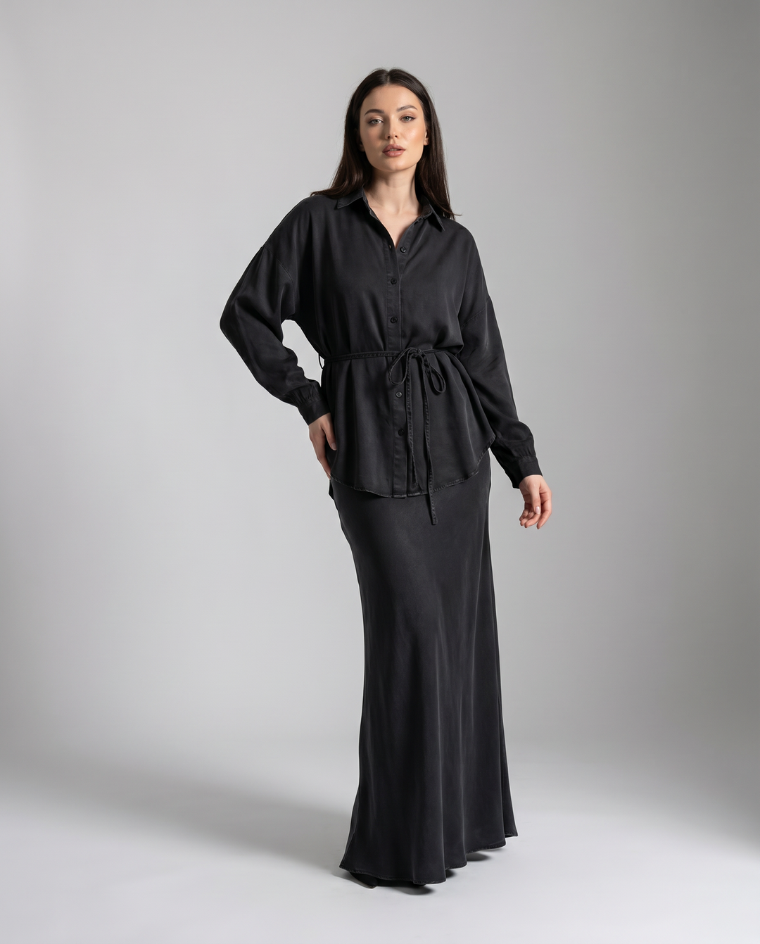 DELIA | 2-Piece Tie-Front Shirt &amp; Midi Skirt Set