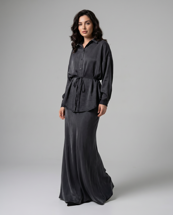 DELIA | 2-Piece Tie-Front Shirt &amp; Midi Skirt Set