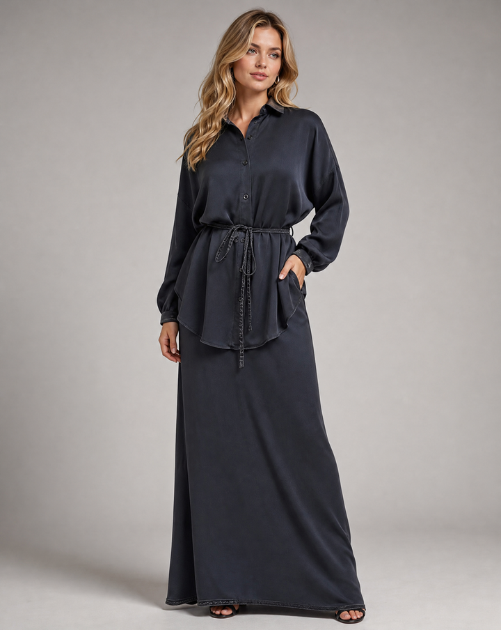 DELIA | 2-Piece Tie-Front Shirt &amp; Midi Skirt Set