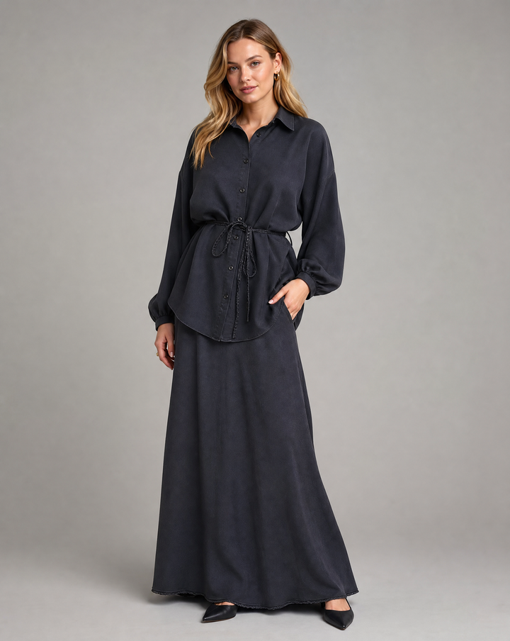 DELIA | 2-Piece Tie-Front Shirt &amp; Midi Skirt Set