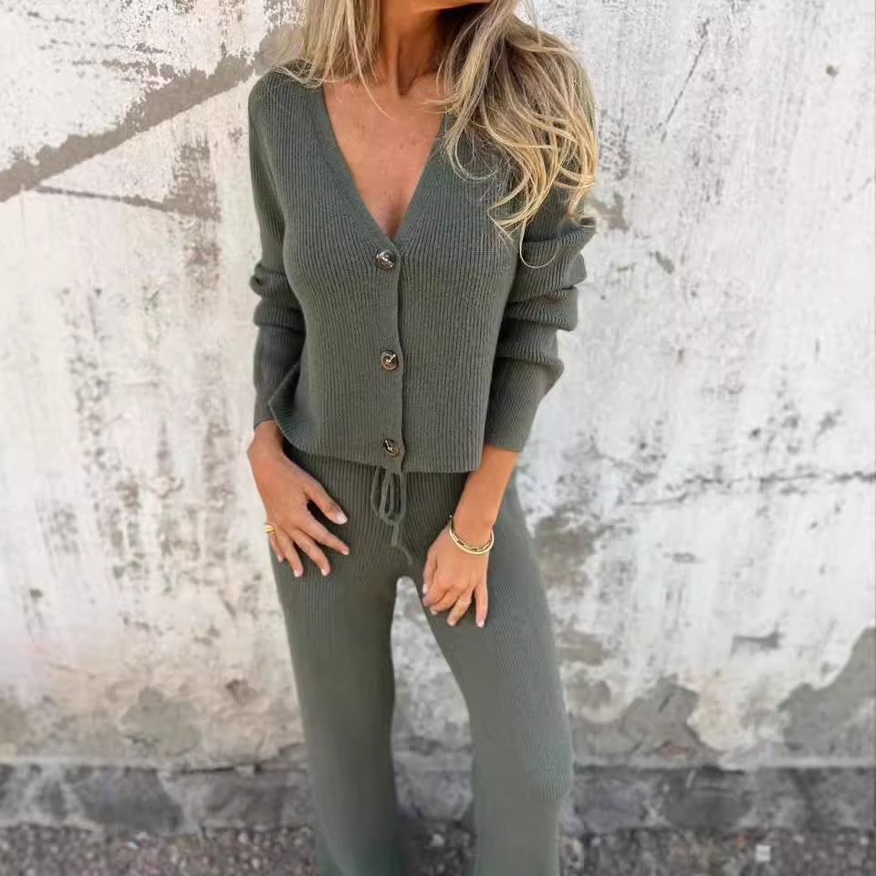 2-Piece Knit Cardigan &amp; Wide-Leg Trouser Set