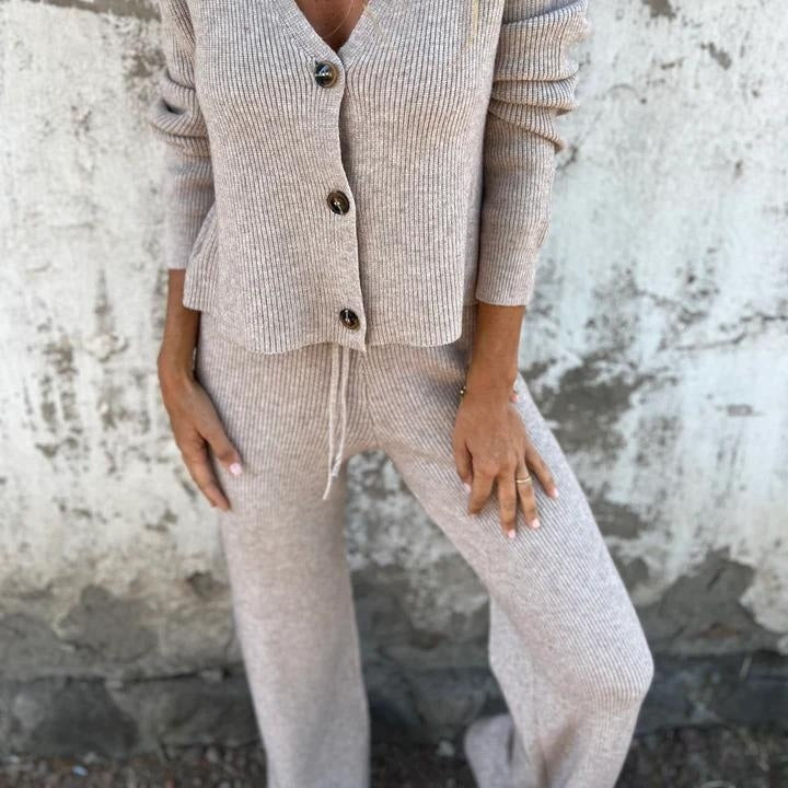 2-Piece Knit Cardigan &amp; Wide-Leg Trouser Set