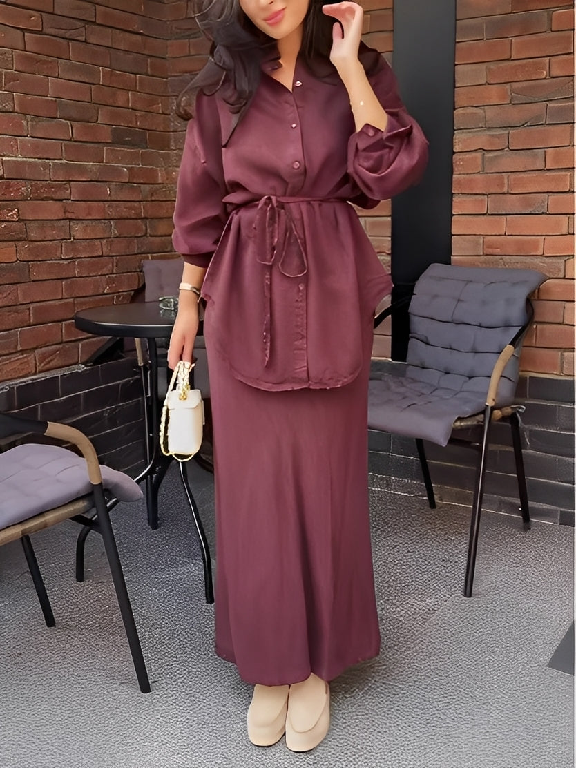 DELIA | 2-Piece Tie-Front Shirt &amp; Midi Skirt Set