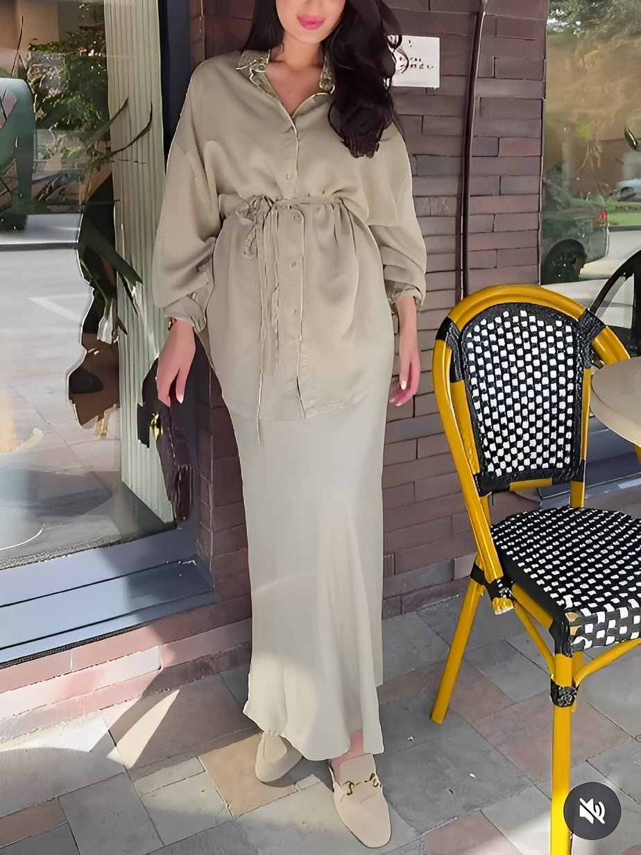 DELIA | 2-Piece Tie-Front Shirt &amp; Midi Skirt Set