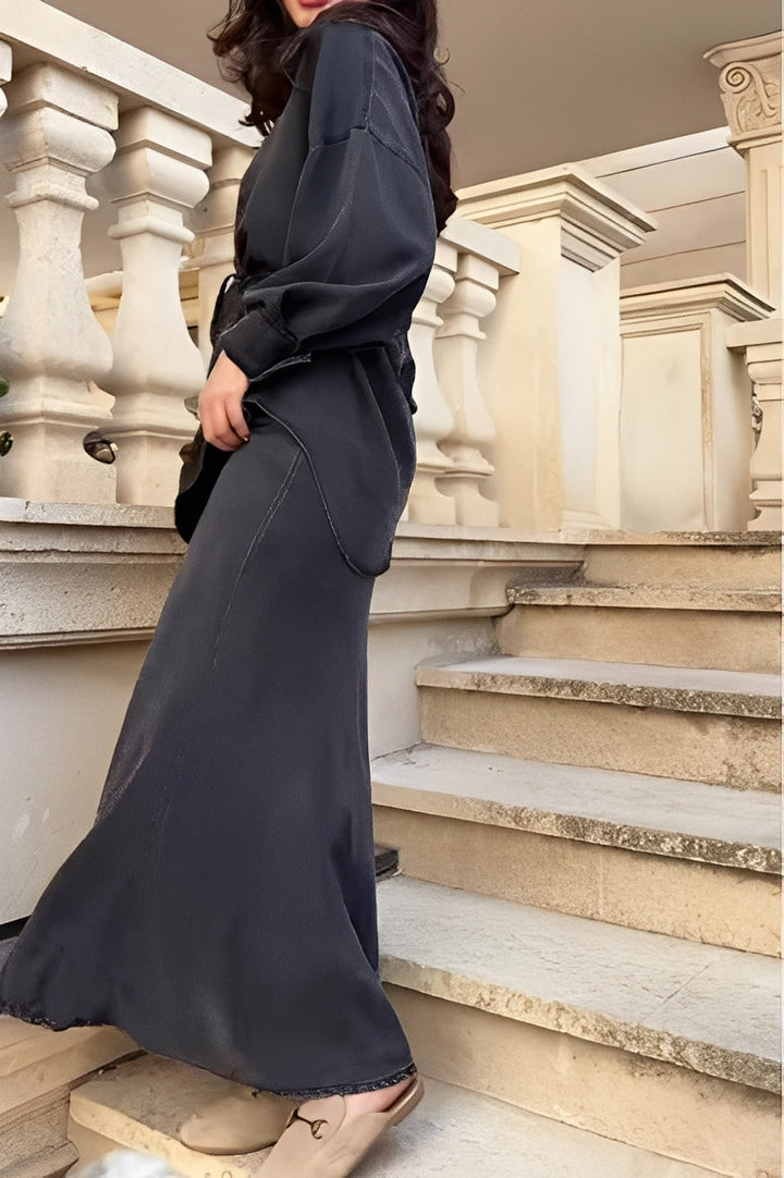 DELIA | 2-Piece Tie-Front Shirt &amp; Midi Skirt Set