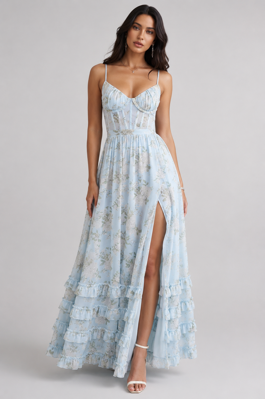VIOLETTA | Romantic Boho Maxi Dress with Deep V-Neck, Ruffles &amp; High Slit