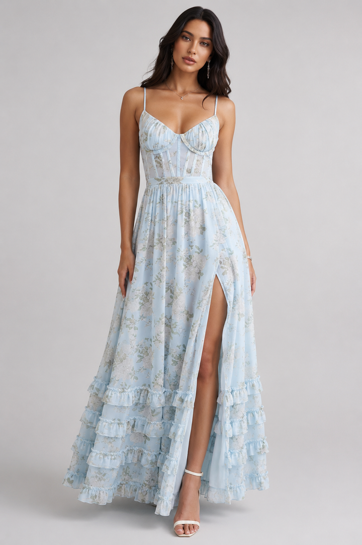 VIOLETTA | Romantic Boho Maxi Dress with Deep V-Neck, Ruffles &amp; High Slit
