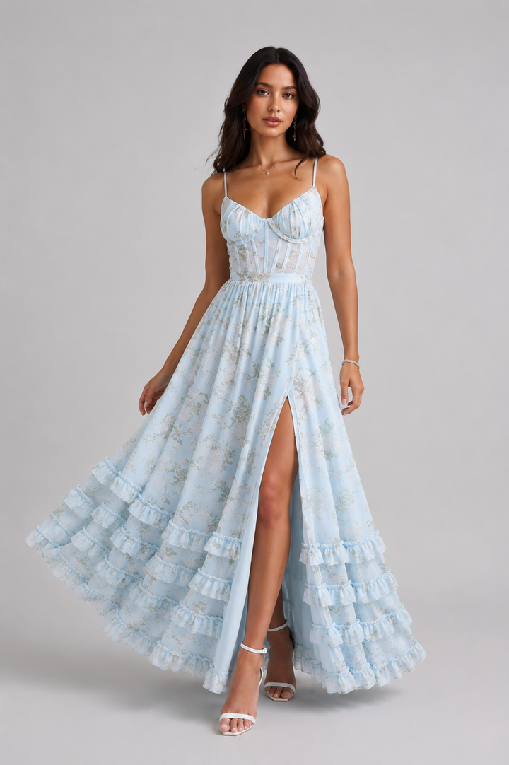 VIOLETTA | Romantic Boho Maxi Dress with Deep V-Neck, Ruffles &amp; High Slit