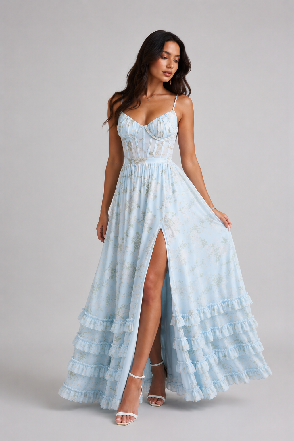 VIOLETTA | Romantic Boho Maxi Dress with Deep V-Neck, Ruffles &amp; High Slit