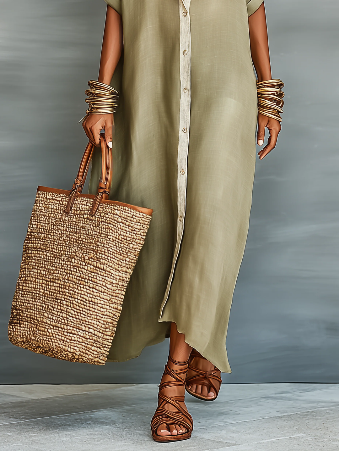 Manelle | Olive Green Maxi Dress with Minimalist Design