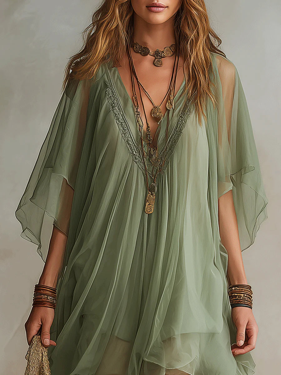 AVERY | Green Chiffon Mini Dress with V-Neck