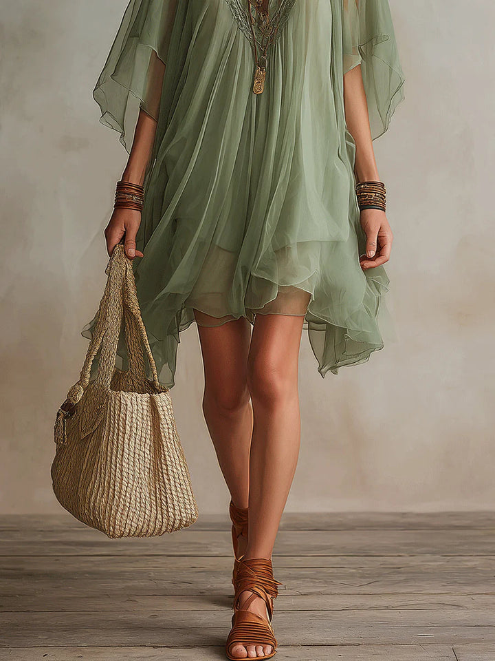 AVERY | Green Chiffon Mini Dress with V-Neck