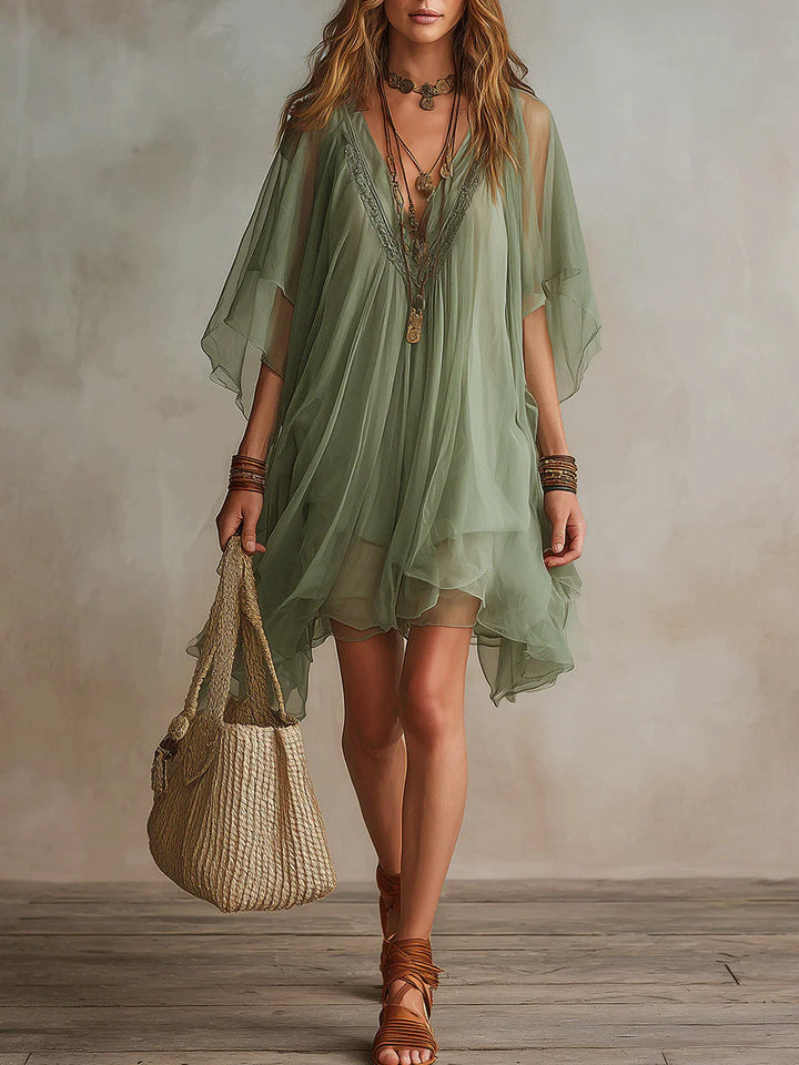 AVERY | Green Chiffon Mini Dress with V-Neck