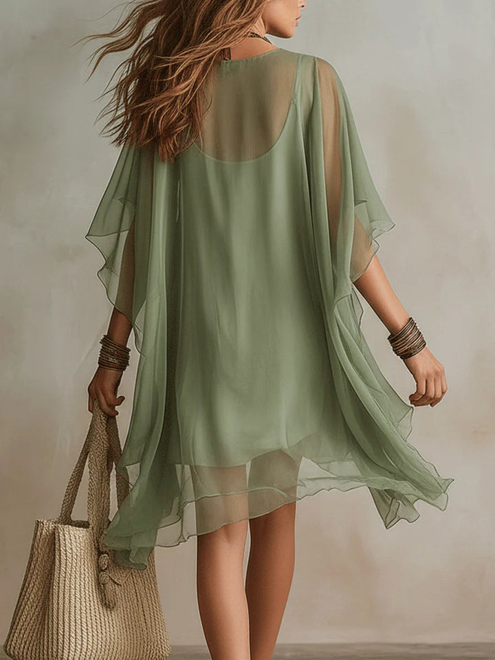 AVERY | Green Chiffon Mini Dress with V-Neck