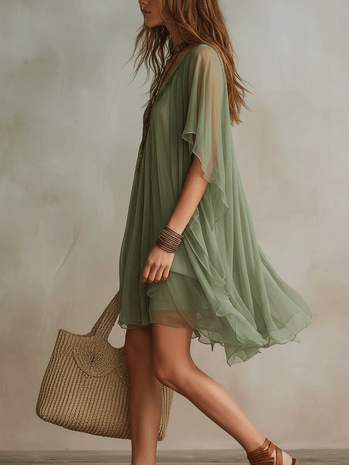AVERY | Green Chiffon Mini Dress with V-Neck