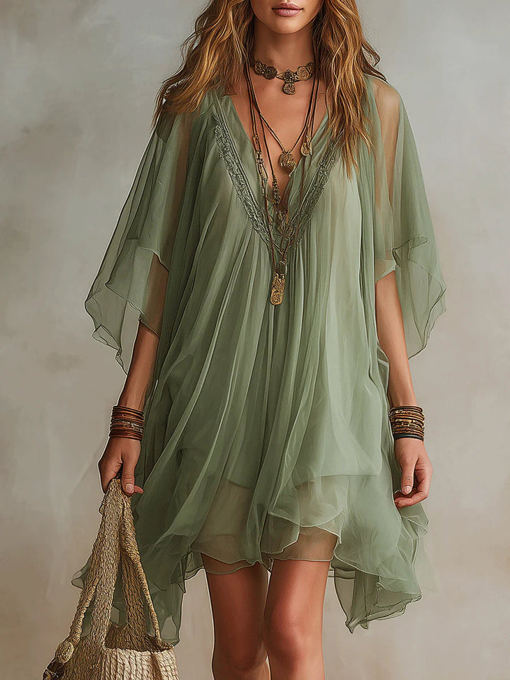 AVERY | Green Chiffon Mini Dress with V-Neck