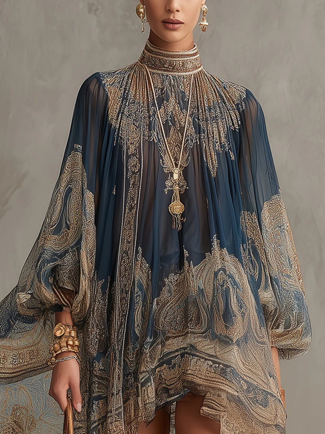 LUCILLE | Navy Baroque Chiffon Mini Dress
