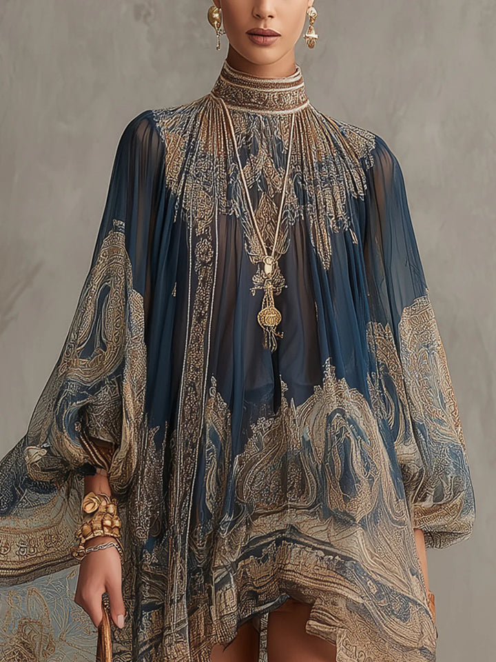LUCILLE | Navy Baroque Chiffon Mini Dress