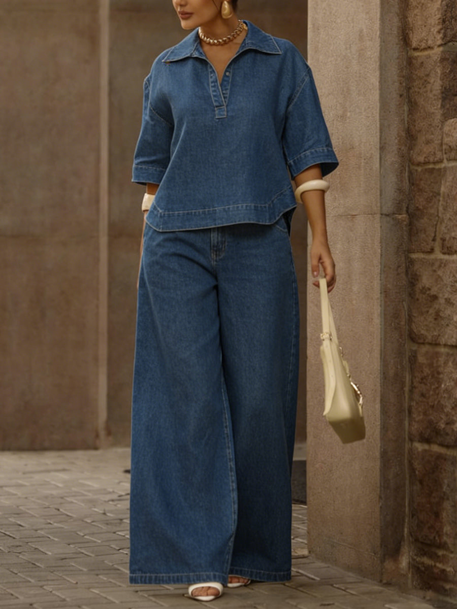 SIENNA | 2-Piece Cotton Denim Top &amp; Wide-Leg Pants Set