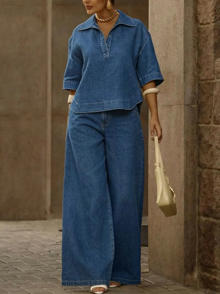 SIENNA | 2-Piece Cotton Denim Top &amp; Wide-Leg Pants Set