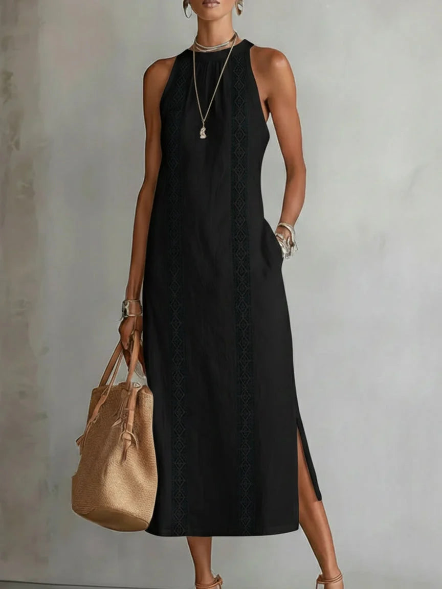 CELINE | Sleeveless Midi Dress with Lace Details &amp; Side Slit