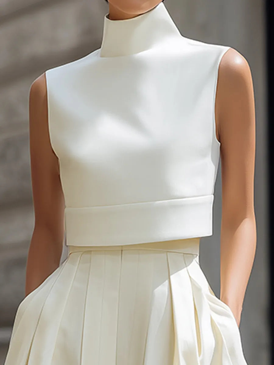 VIVIENNE | 2-Piece High-Neck Cropped Top &amp; Pleated Wide-Leg Pants Set