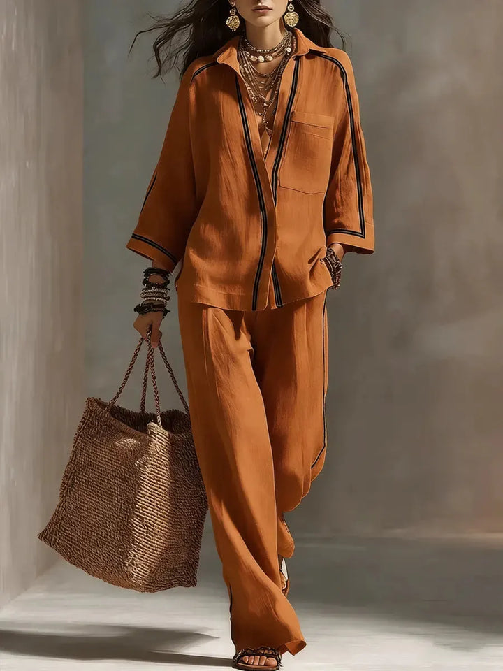 MARLOWE | 2-Piece Striped Polo Shirt &amp; Wide-Leg Pants Set