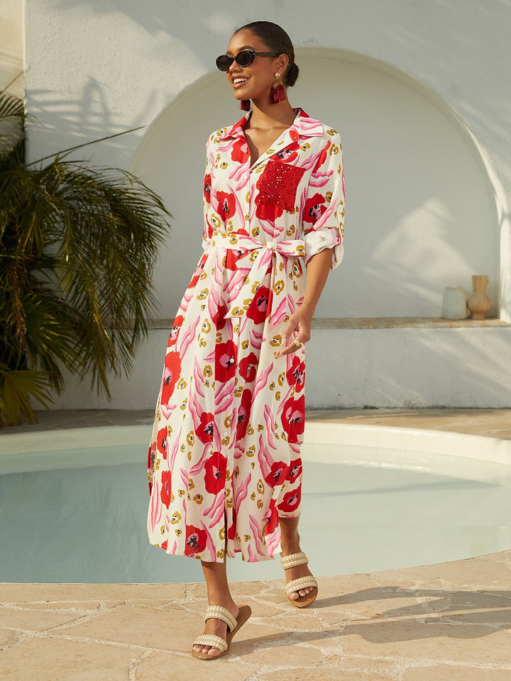 SANTORINI | Floral Maxi Shirt Dress with Button-Down Front